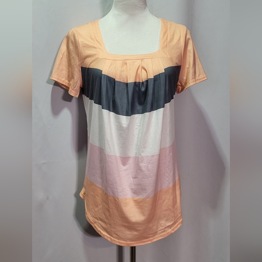 Women's Orange Colorblock Square Neck Pleated Short Sleeve Top Size Small - Picture 2 of 6